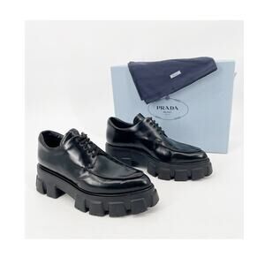 Prada Black Brushed Leather Monolith Platform Lace Up Derby Loafers Shoes IT 39
